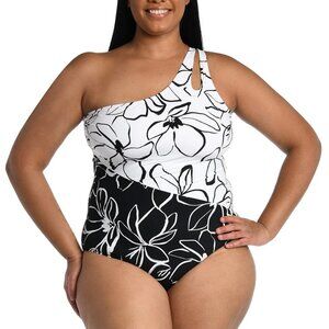 New La Blanca One Piece Swimsuit Size 22W Cut Out One Shoulder Black White